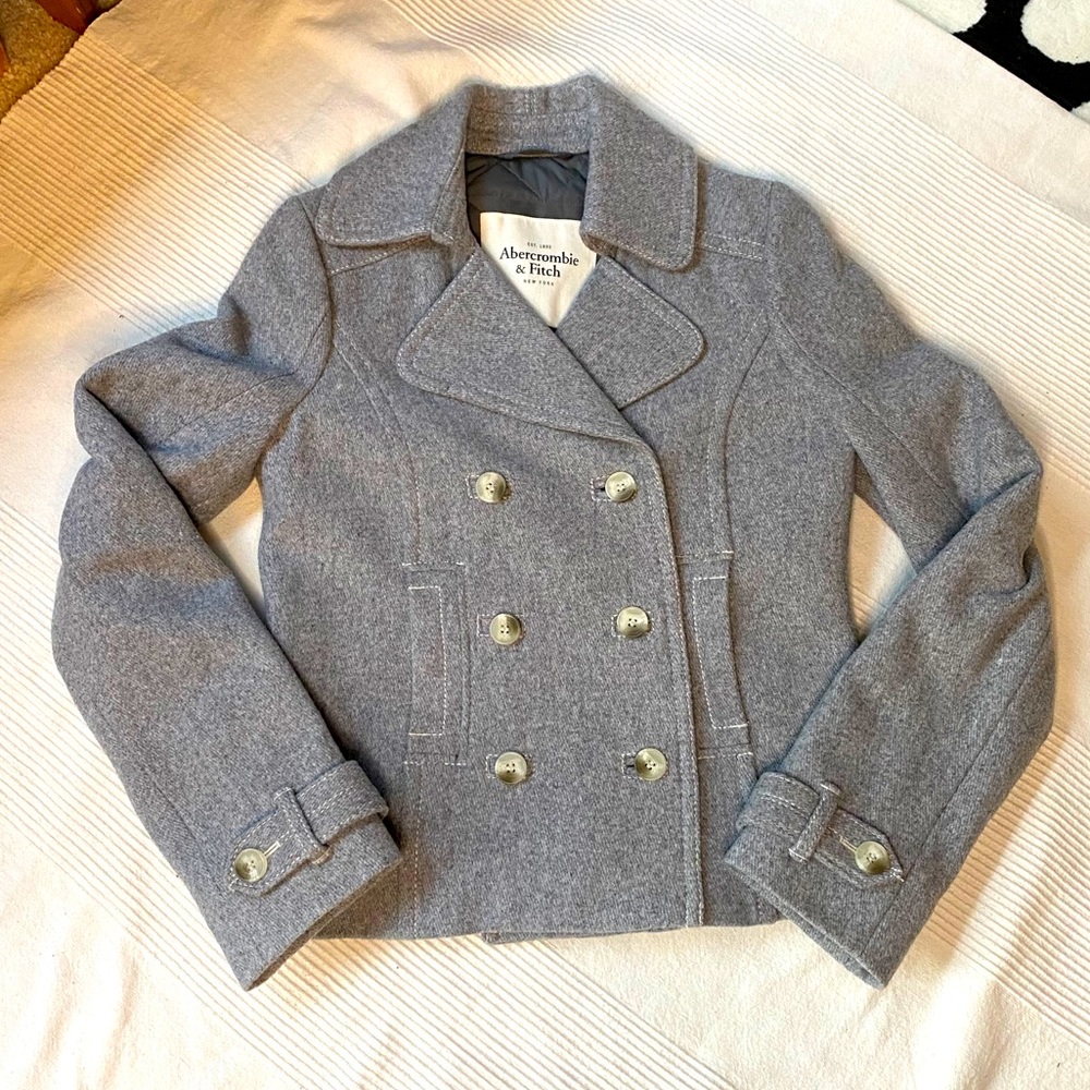 Abercrombie & Fitch Gray Wool Blend Double-Breasted Pea Coat